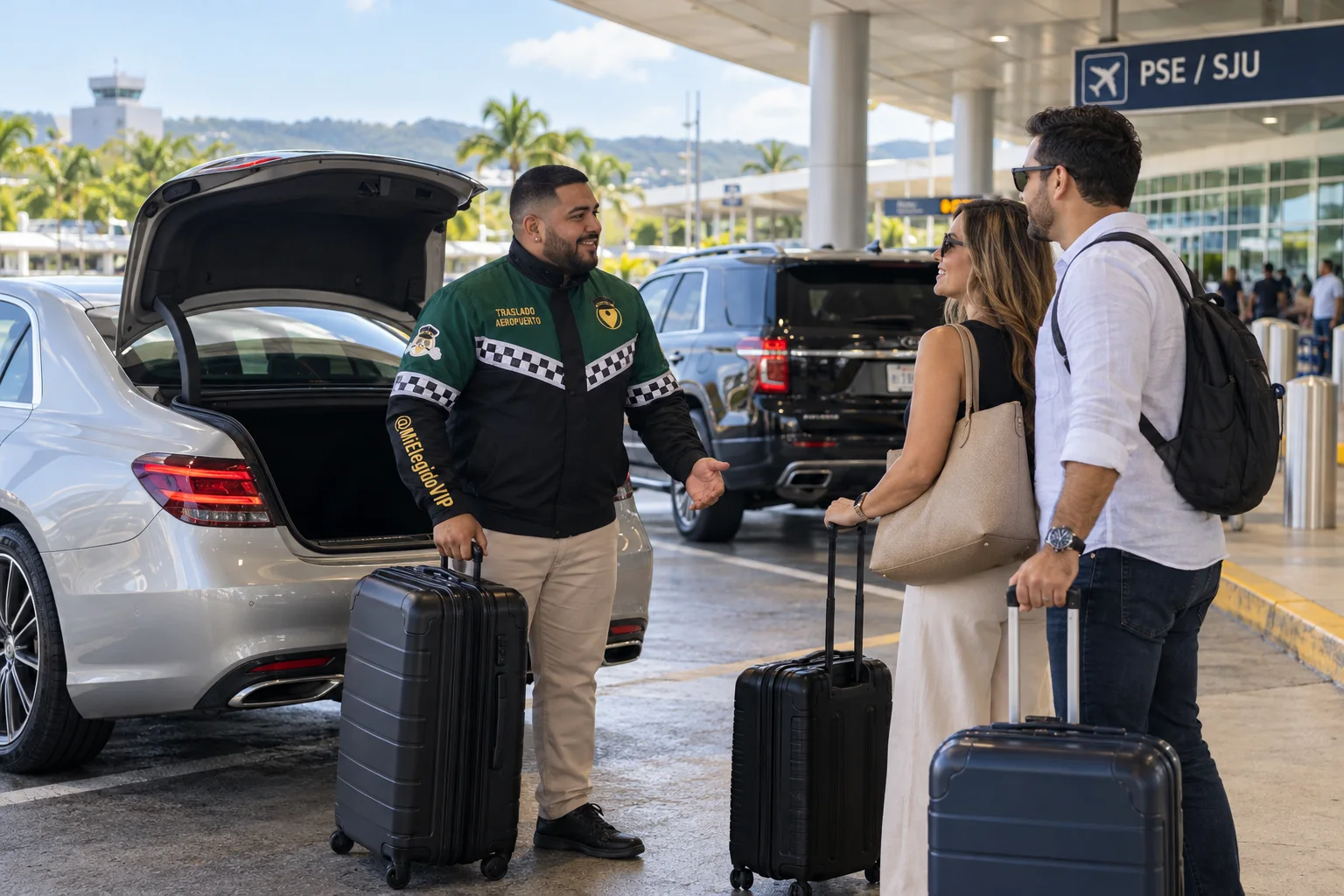 Recreación de traslado aeropuerto para Ponce, con conductor uniformado, viajeros y vehículo junto a una terminal