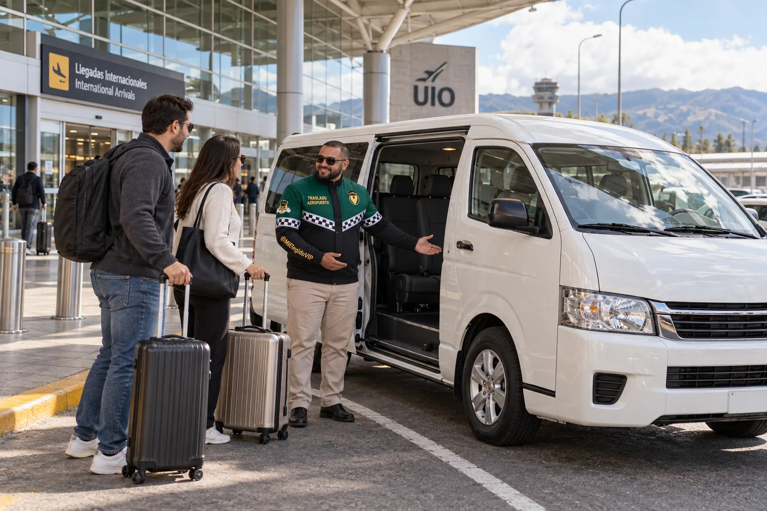Recreación de traslado aeropuerto para Quito, con conductor uniformado, viajeros y vehículo junto a una terminal