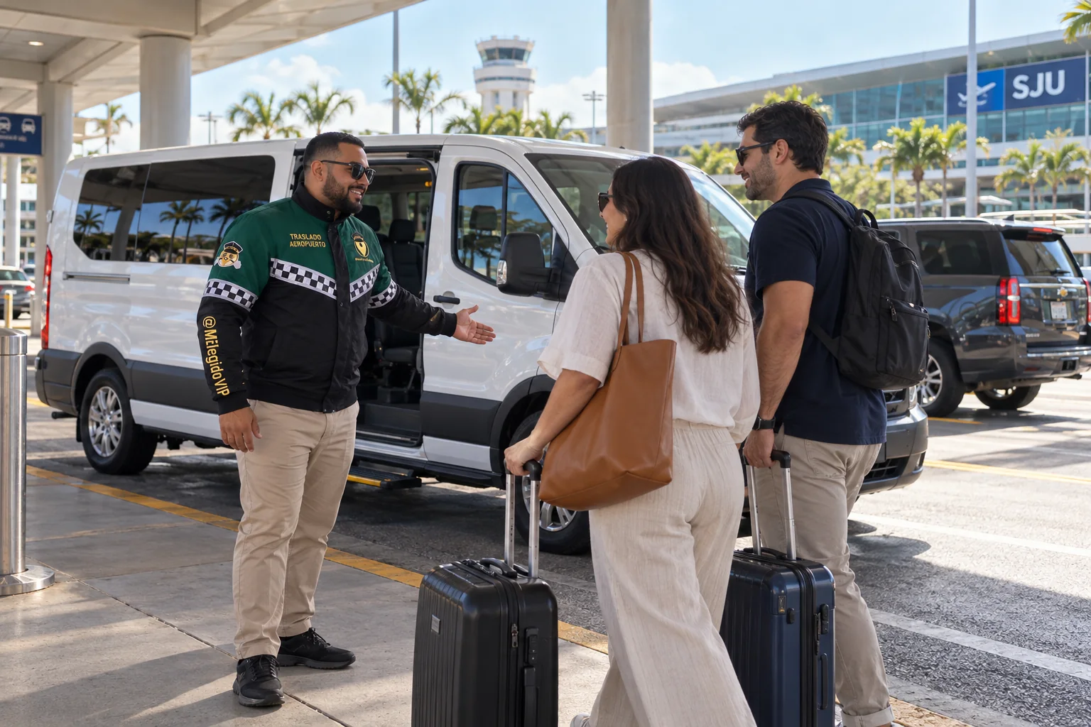 Recreación de traslado aeropuerto para San Juan, con conductor uniformado, viajeros y vehículo junto a una terminal