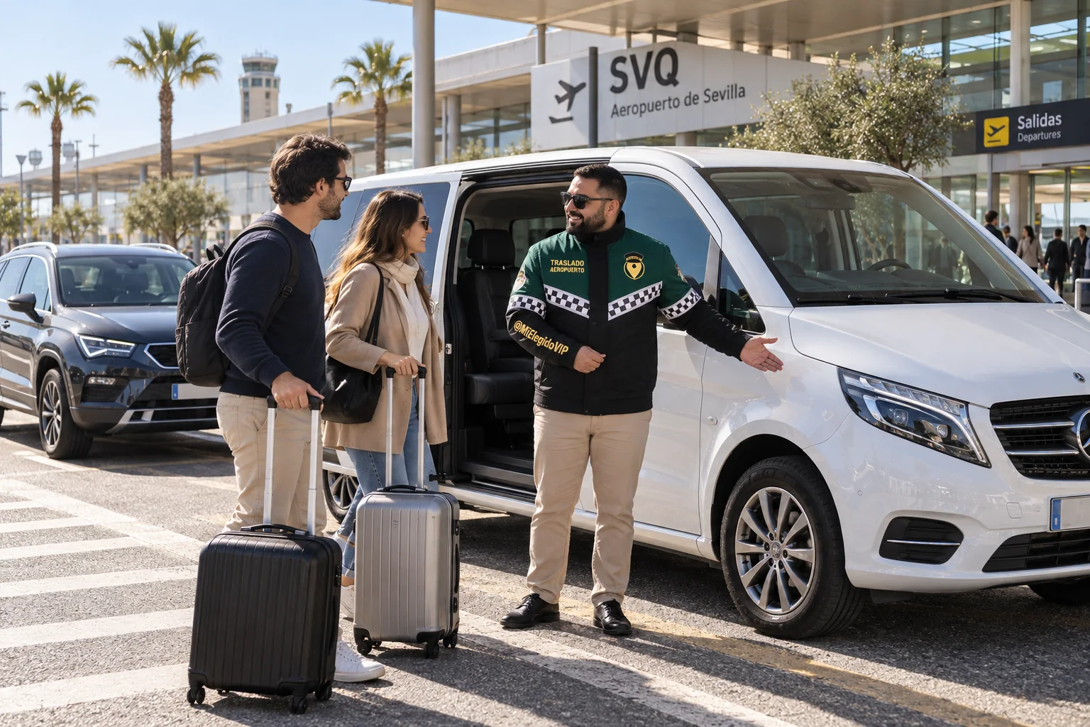 Recreación de traslado aeropuerto para Sevilla, con conductor uniformado, viajeros y vehículo junto a una terminal
