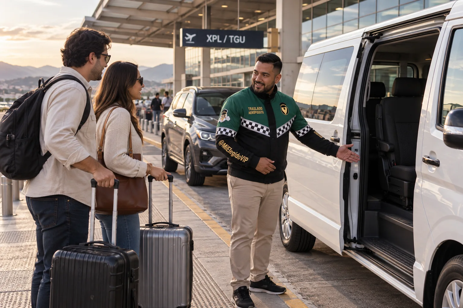 Recreación de traslado aeropuerto para Tegucigalpa, con conductor uniformado, viajeros y vehículo junto a una terminal