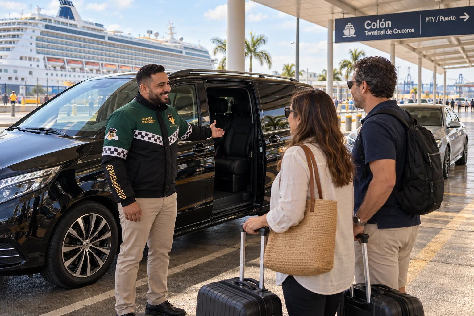 Recreación de traslado aeropuerto para Colón, con conductor uniformado, viajeros y vehículo junto a una terminal