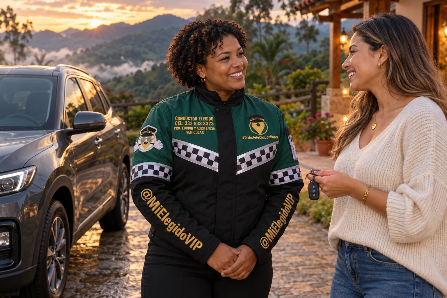 Conductor elegido en Angelópolis, Antioquia: atención junto al vehículo del cliente con uniforme de Mi Elegido VIP