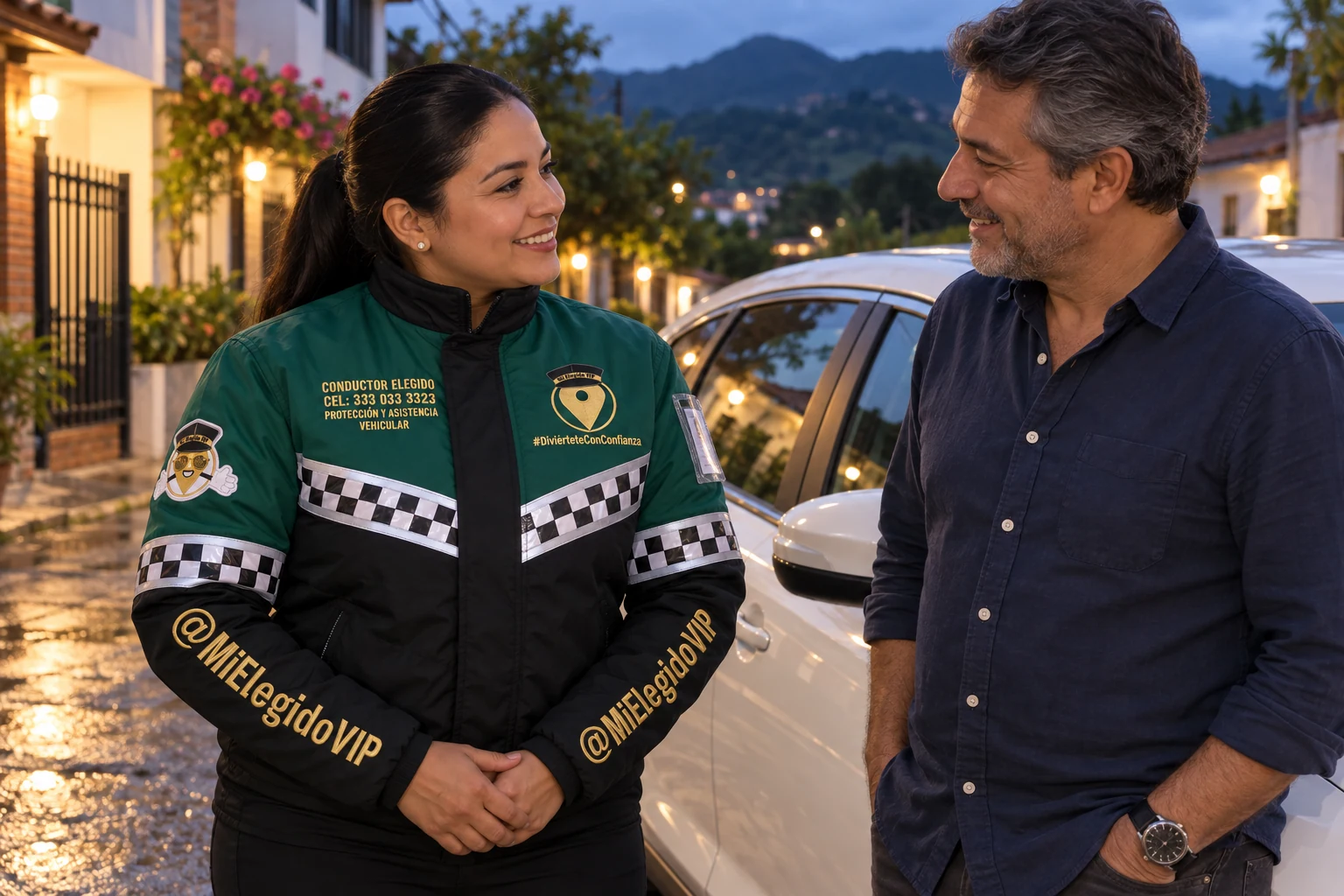 Conductor elegido en Caldas, Antioquia: atención junto al vehículo del cliente con uniforme de Mi Elegido VIP