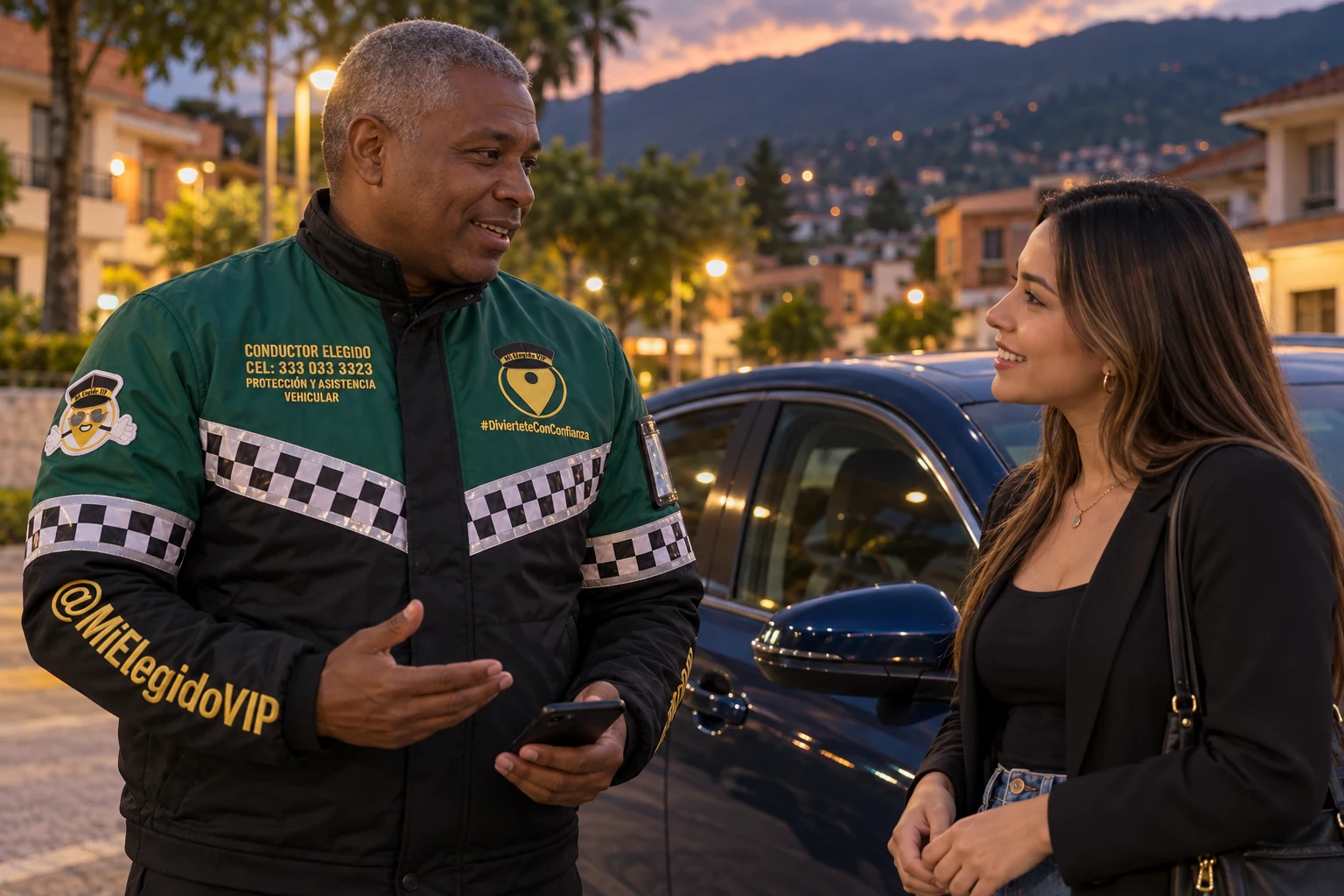 Conductor elegido en Copacabana, Antioquia: atención junto al vehículo del cliente con uniforme de Mi Elegido VIP