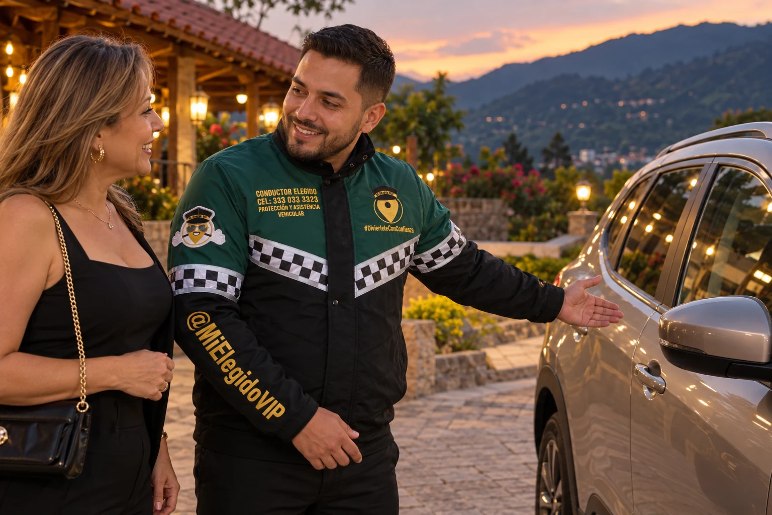 Conductor elegido en Girardota, Antioquia: atención junto al vehículo del cliente con uniforme de Mi Elegido VIP