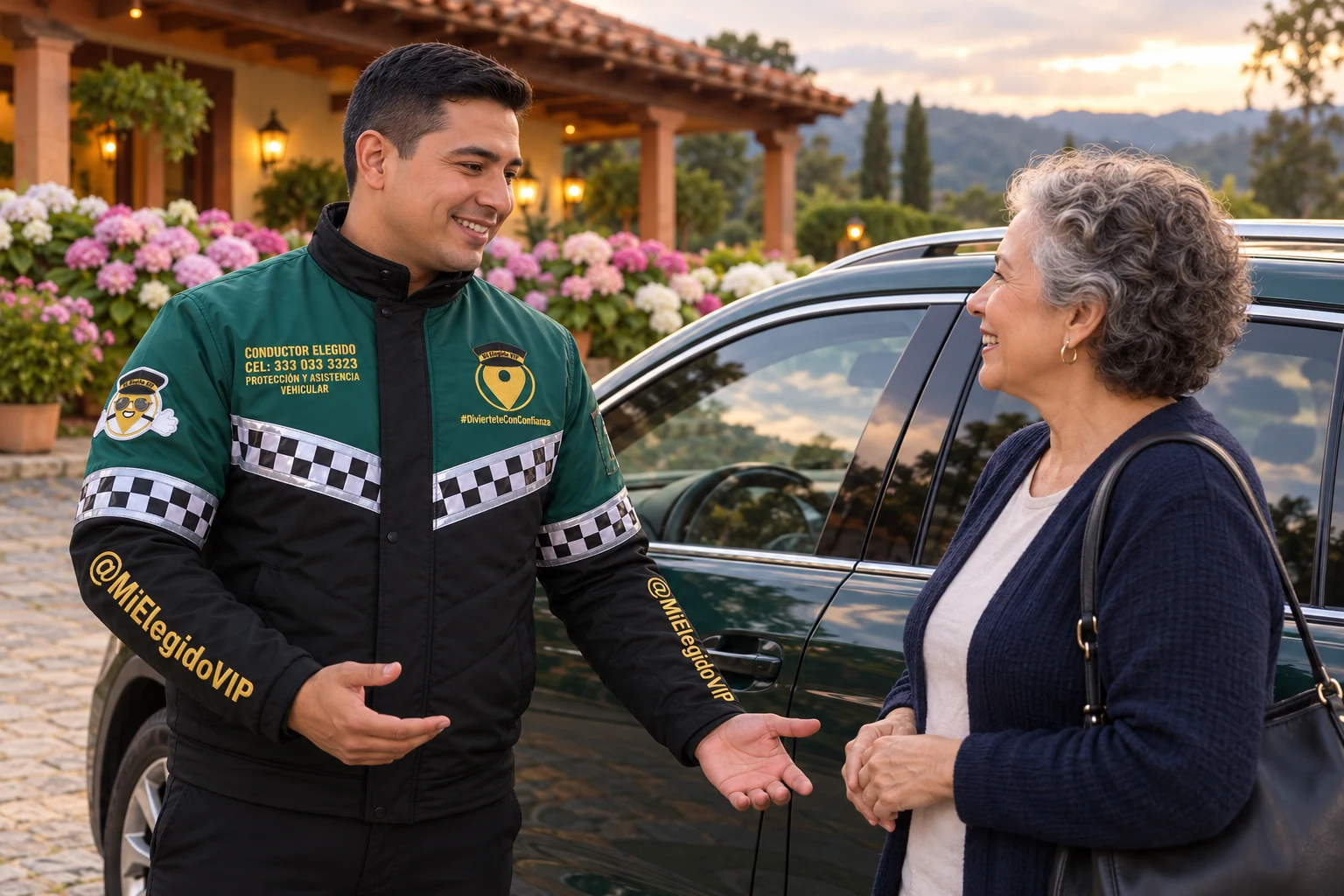 Conductor elegido en La Ceja, Antioquia: atención junto al vehículo del cliente con uniforme de Mi Elegido VIP