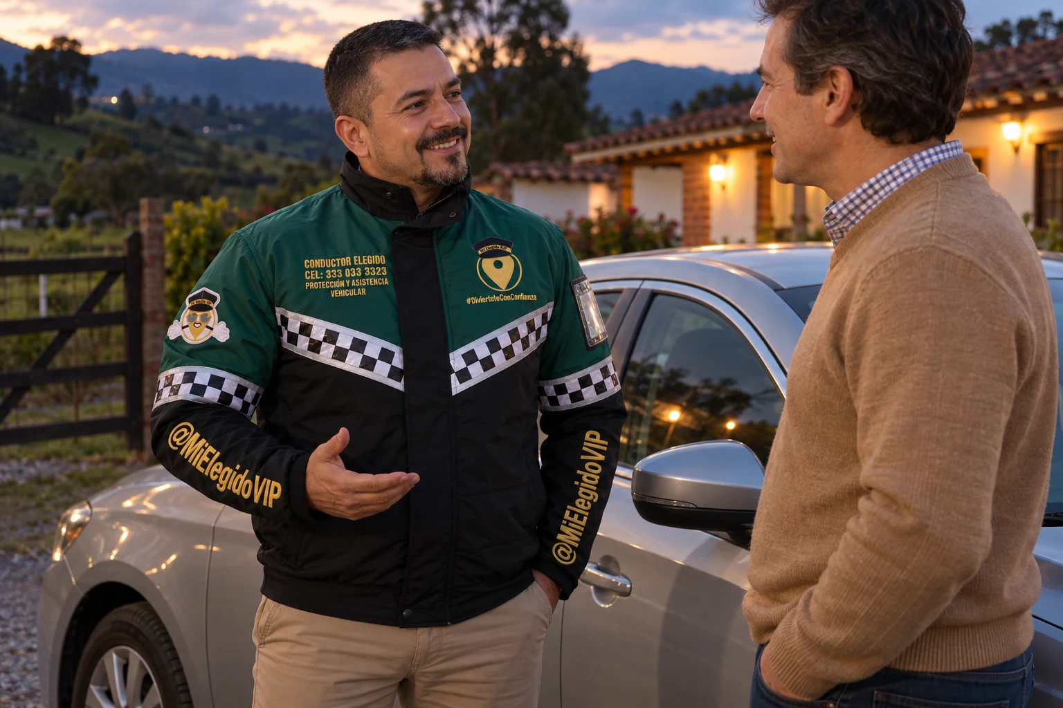 Conductor elegido en La Unión, Antioquia: atención junto al vehículo del cliente con uniforme de Mi Elegido VIP
