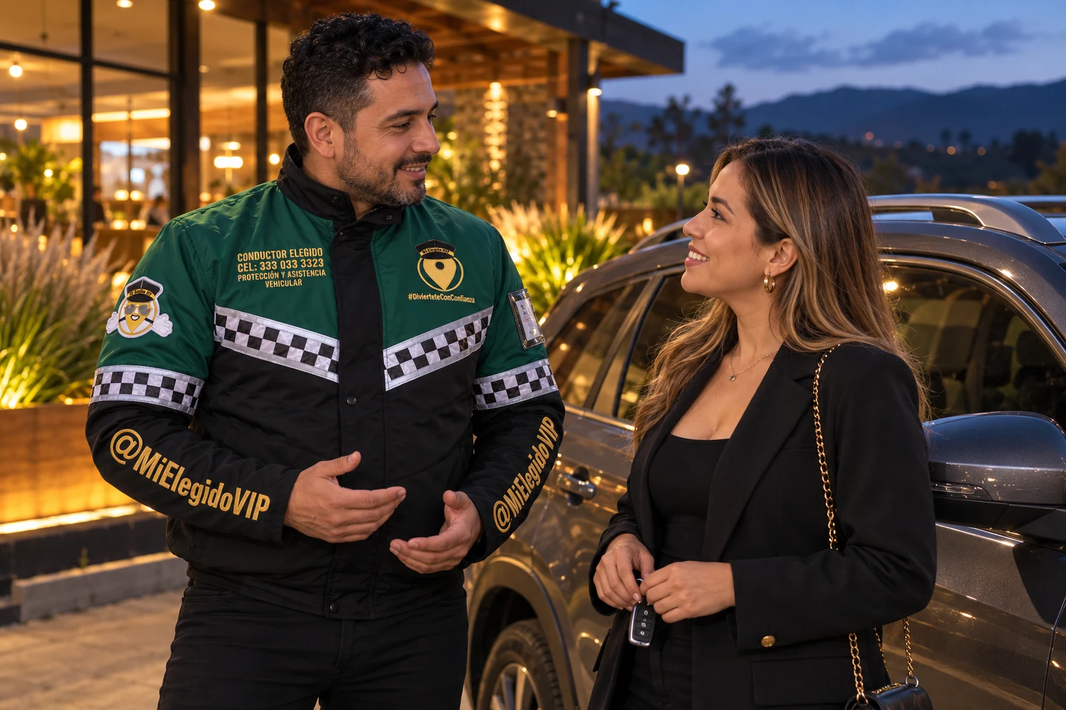 Conductor elegido en Rionegro, Antioquia: atención junto al vehículo del cliente con uniforme de Mi Elegido VIP