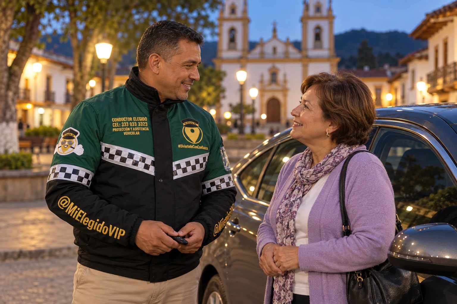 Conductor elegido en San Pedro de los Milagros, Antioquia: atención junto al vehículo del cliente con uniforme de Mi Elegido VIP