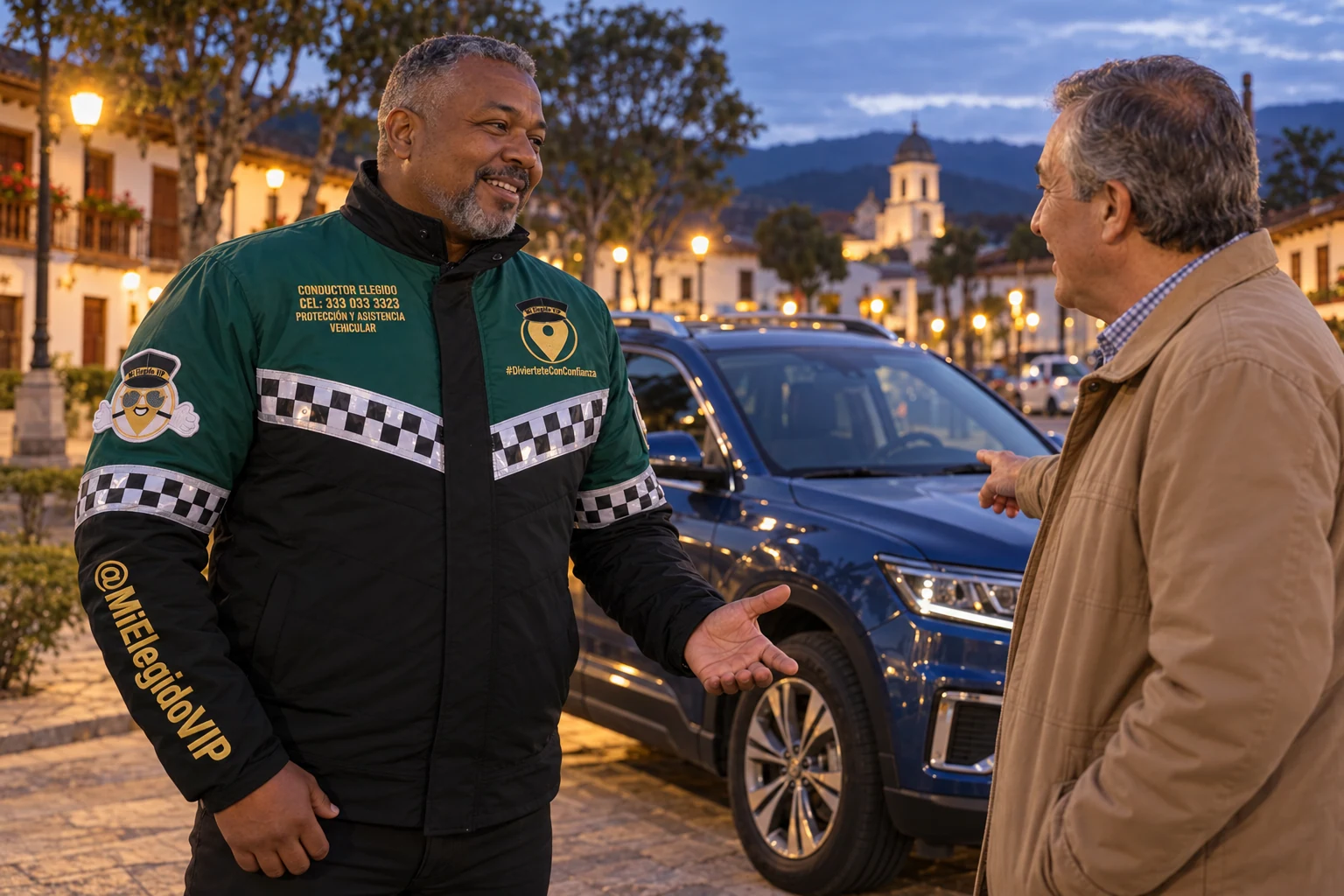 Conductor elegido en Santa Rosa de Osos, Antioquia: atención junto al vehículo del cliente con uniforme de Mi Elegido VIP