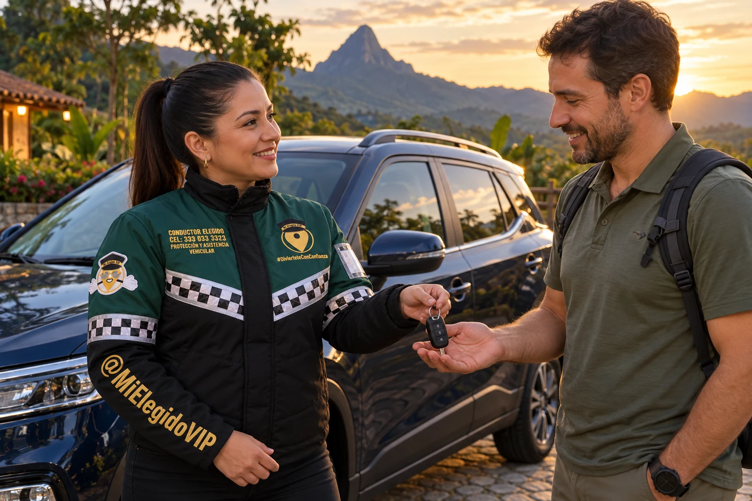 Conductor elegido en Venecia, Antioquia: atención junto al vehículo del cliente con uniforme de Mi Elegido VIP