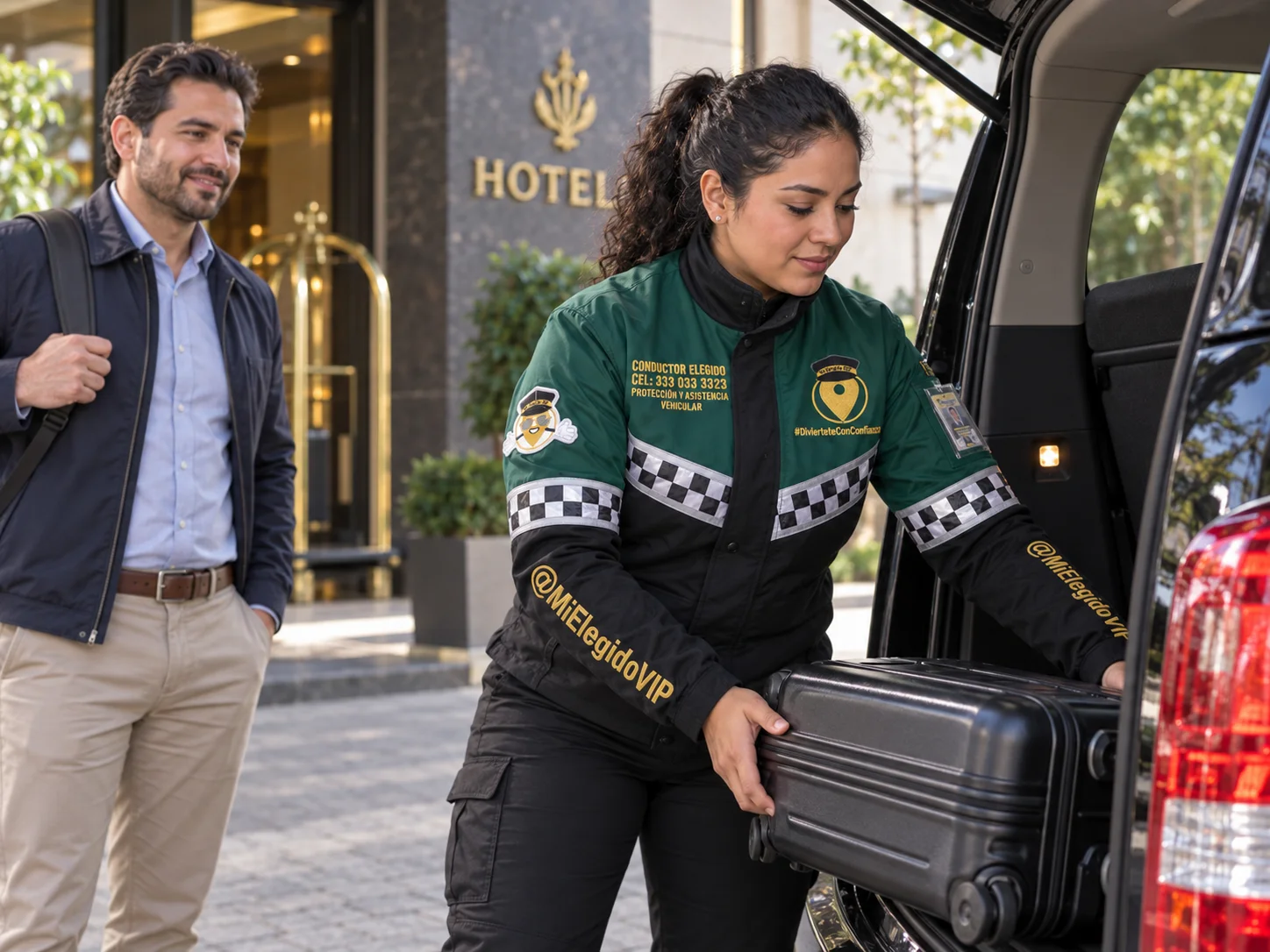 Conductora uniformada de Mi Elegido VIP ayudando con equipaje en un vehículo con conductor
