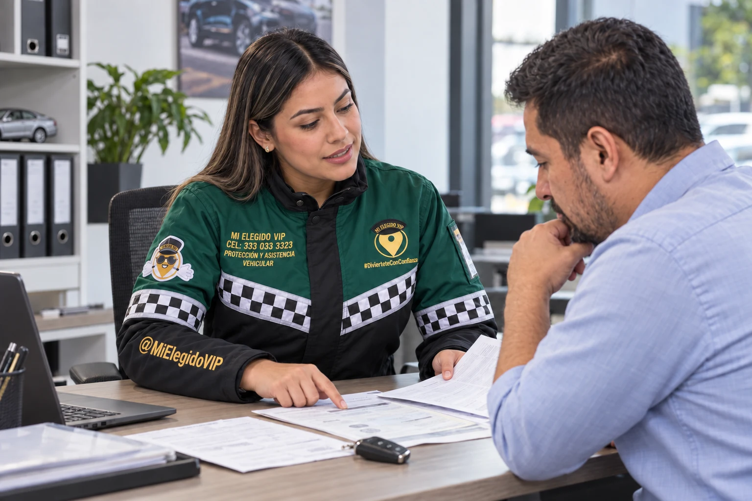 Profesional de Mi Elegido VIP revisando documentos vehiculares con un cliente