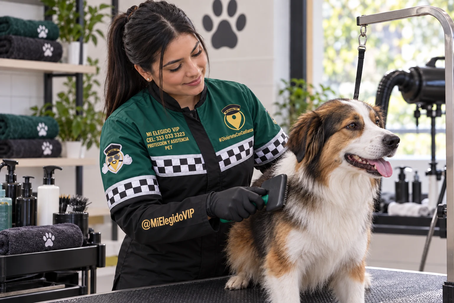 Profesional de belleza canina con uniforme Mi Elegido VIP Pet cepillando a un perro