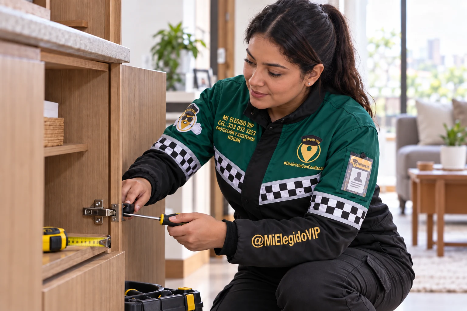 Técnica de carpintería con uniforme Mi Elegido VIP Hogar ajustando la bisagra de un mueble