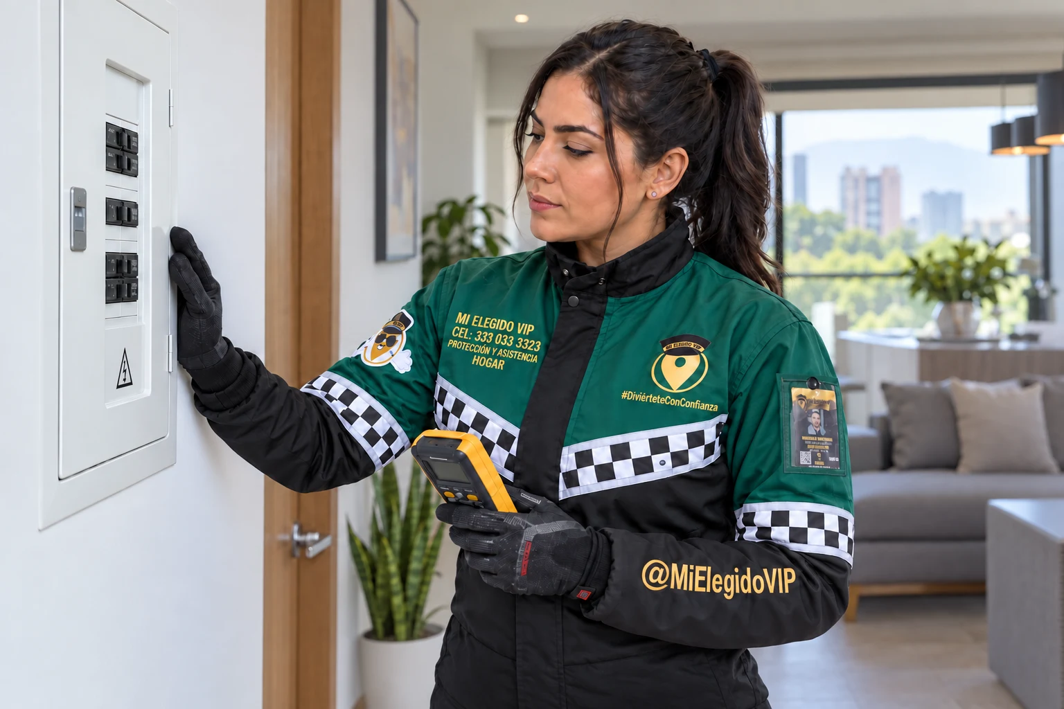 Electricista con uniforme Mi Elegido VIP Hogar revisando un tablero eléctrico con equipo de medición
