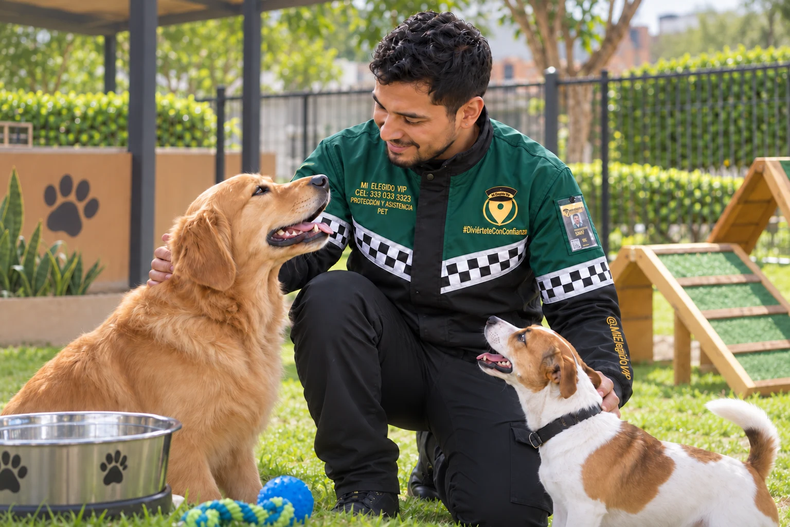 Cuidador con uniforme Mi Elegido VIP Pet acompañando a dos perros en un espacio de guardería