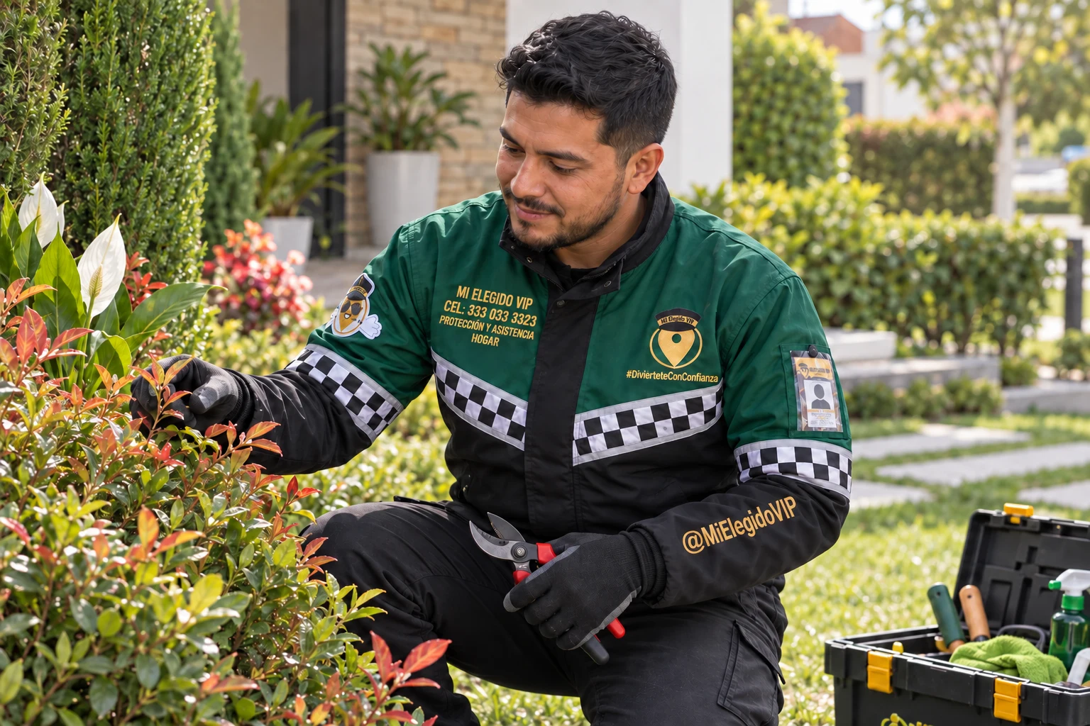 Jardinero con uniforme Mi Elegido VIP Hogar cuidando plantas en un jardín residencial
