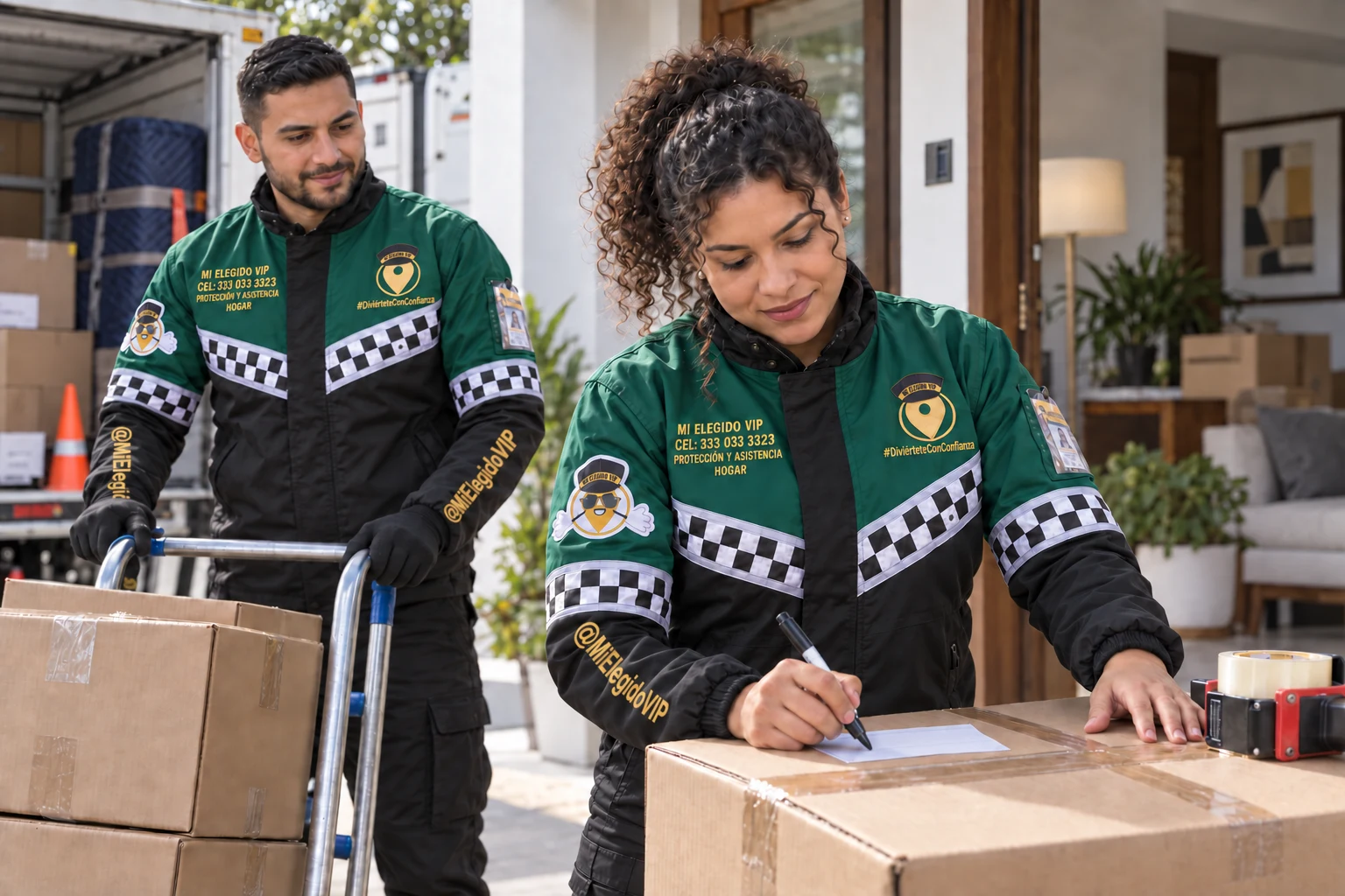 Equipo con uniforme Mi Elegido VIP Hogar organizando cajas y revisando una mudanza