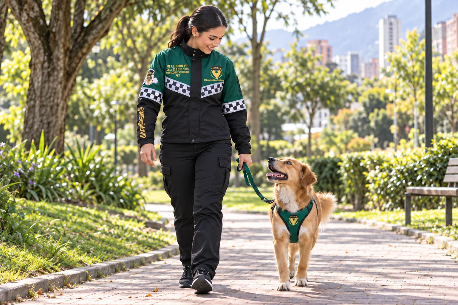 Paseadora con uniforme Mi Elegido VIP Pet caminando con un perro sujeto con correa en un parque