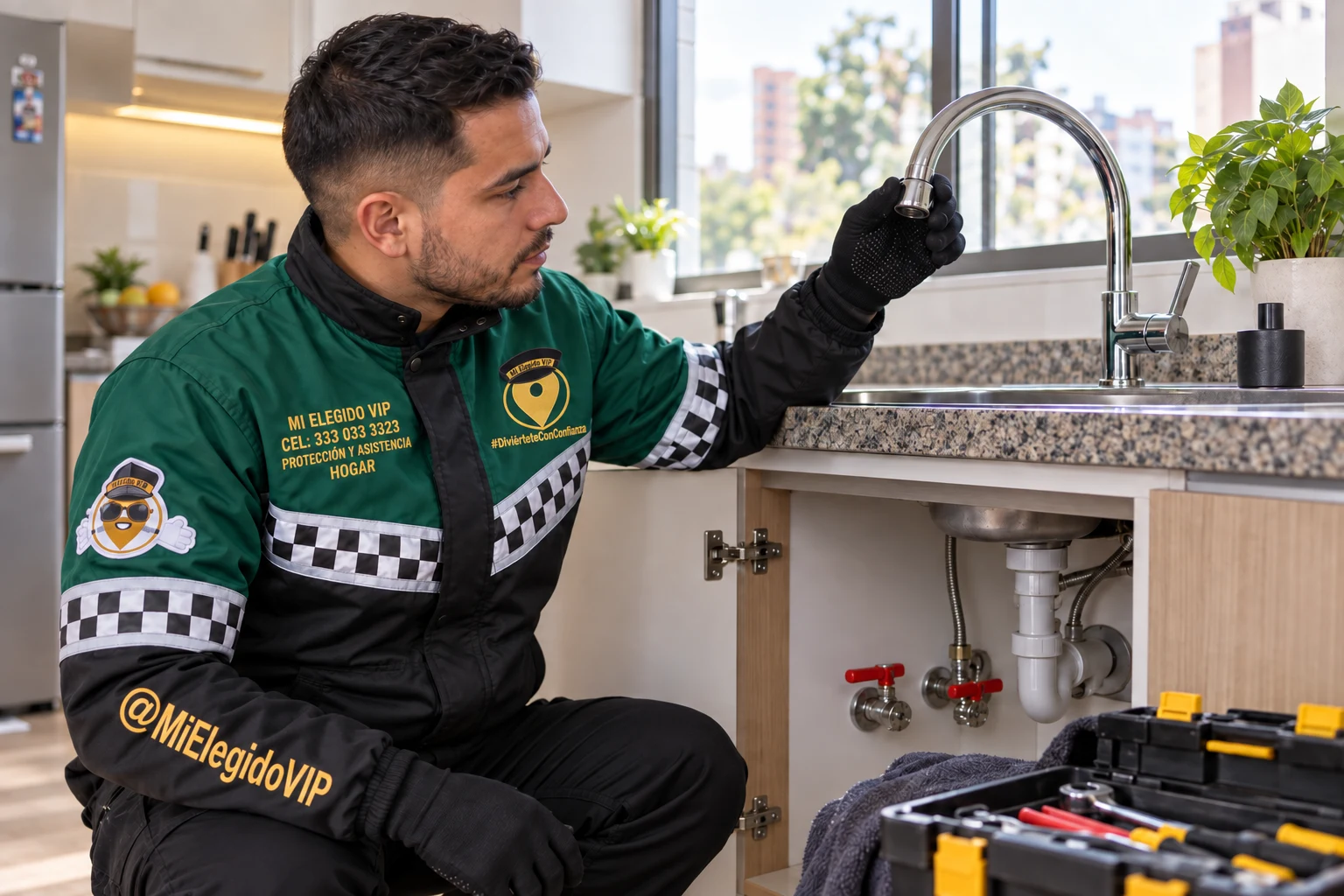 Plomero con uniforme Mi Elegido VIP Hogar revisando la grifería de una cocina