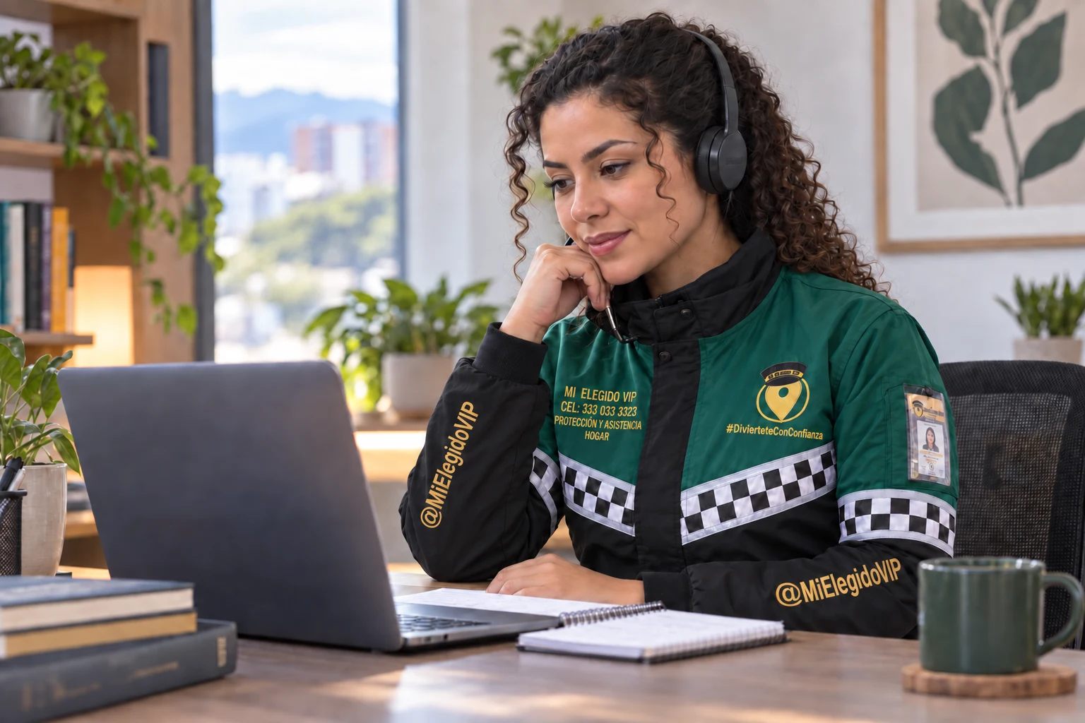 Profesional con uniforme Mi Elegido VIP Hogar atendiendo una sesión virtual con audífonos y computador