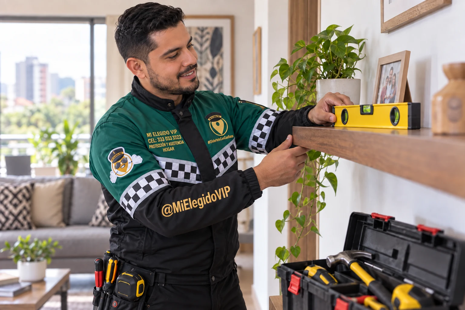 Todero de Mi Elegido VIP Hogar nivelando una repisa en una vivienda