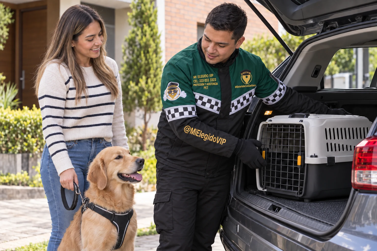 Profesional con uniforme Mi Elegido VIP Pet preparando un guacal para el traslado de una mascota