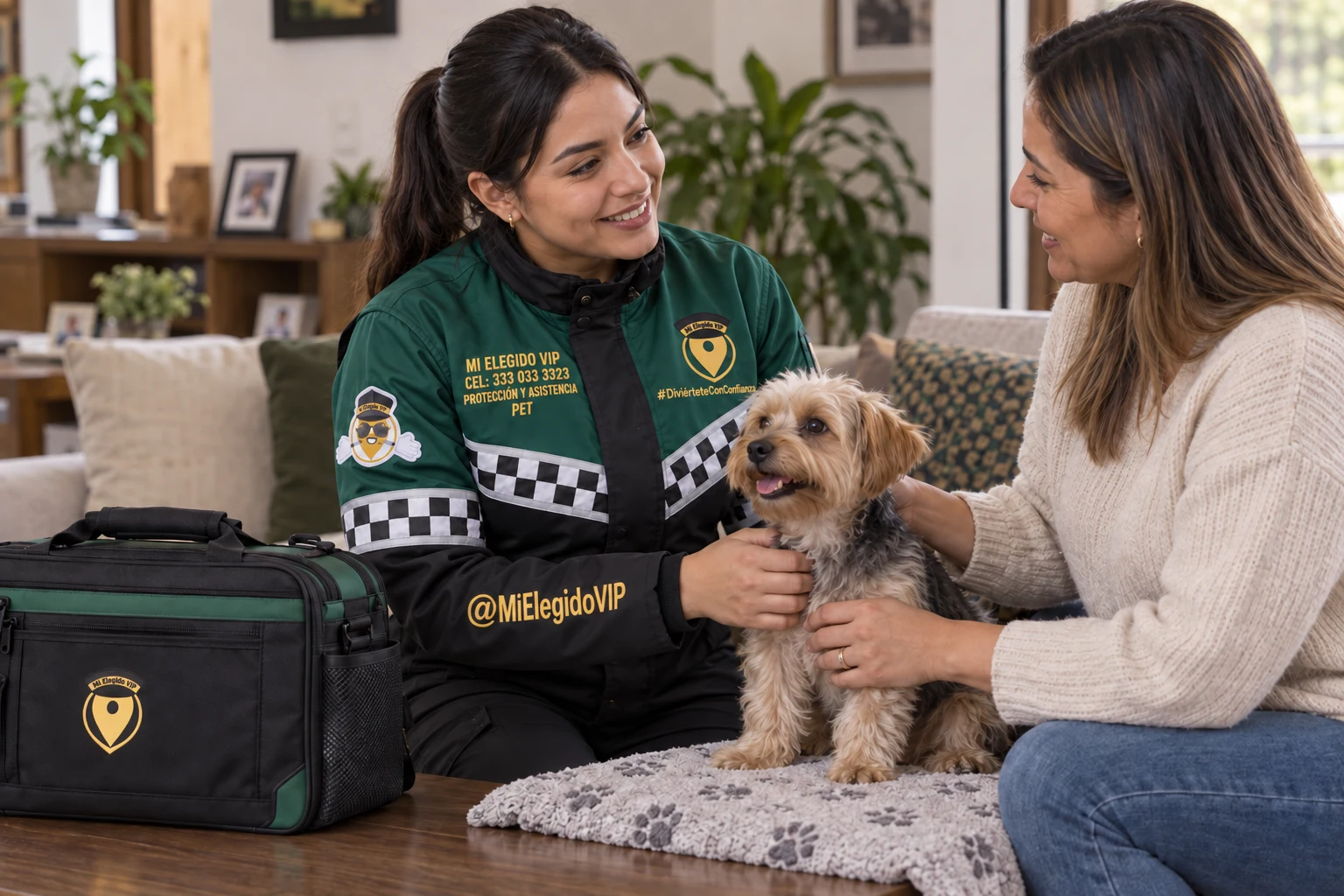 Profesional con uniforme Mi Elegido VIP Pet atendiendo a un perro en compañía de su cuidadora