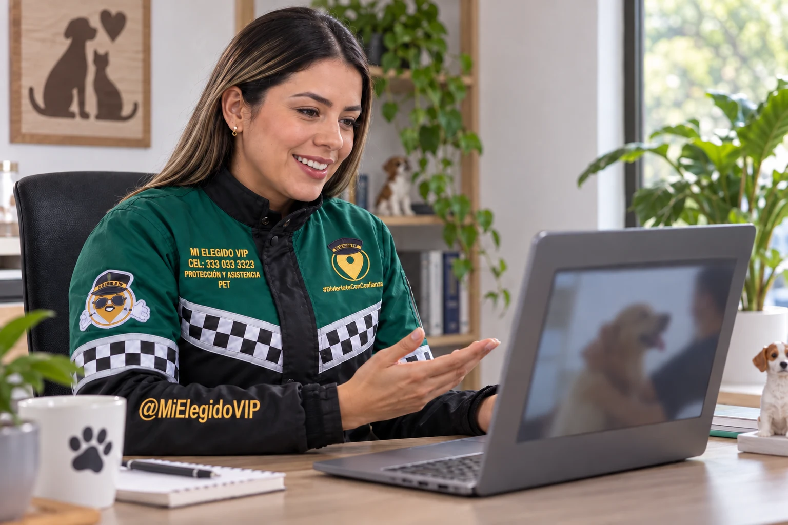 Profesional con uniforme Mi Elegido VIP Pet en una orientación veterinaria por videollamada