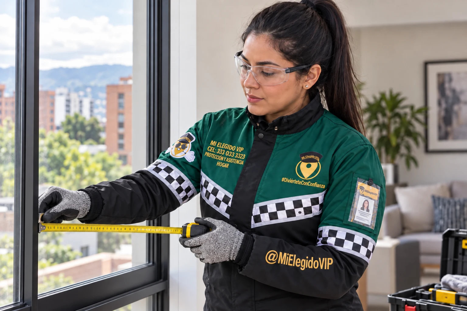 Técnica de vidriería con uniforme Mi Elegido VIP Hogar tomando medidas de una ventana