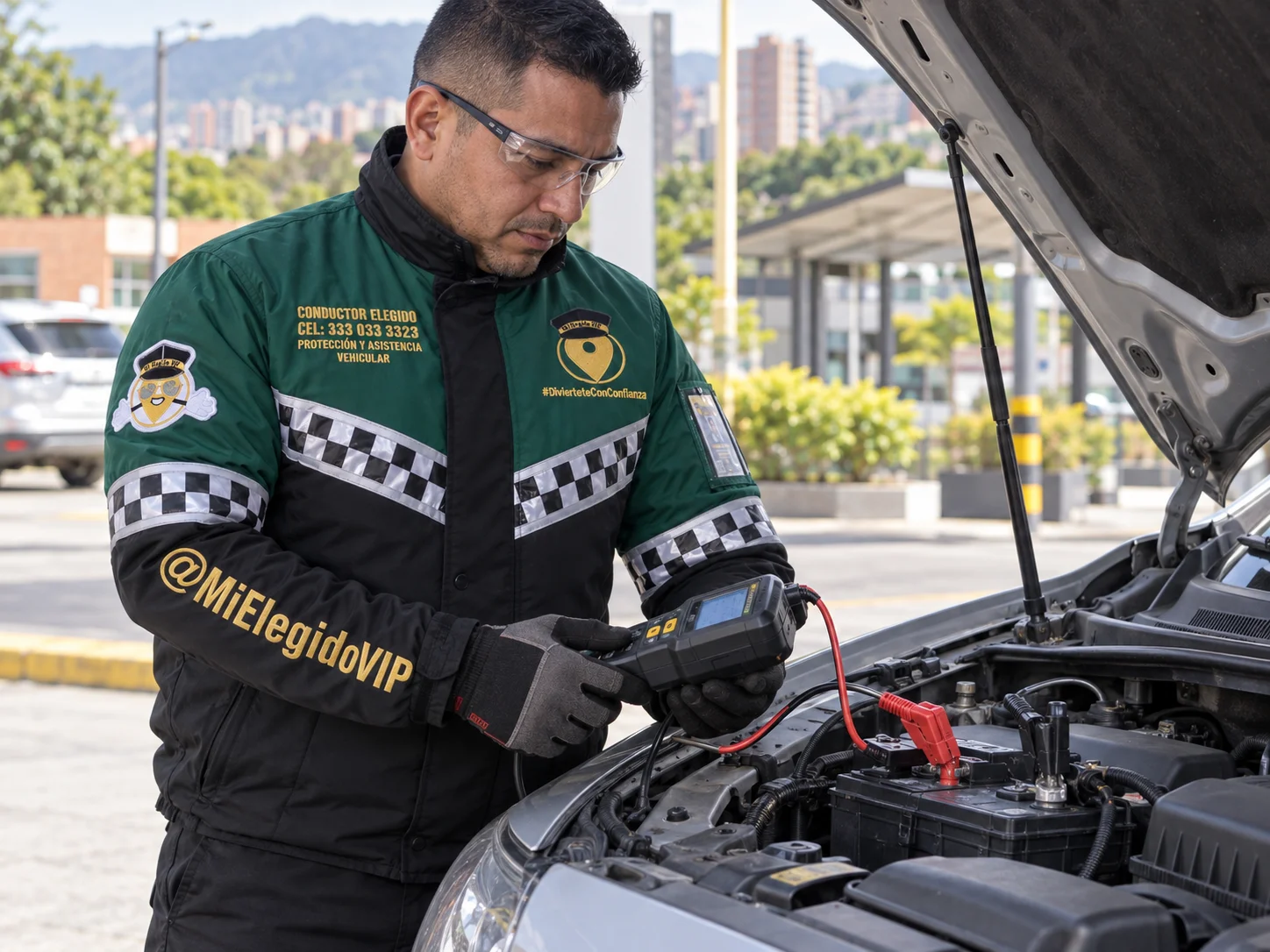 Técnico uniformado de Mi Elegido VIP revisando la batería de un automóvil con el capó abierto