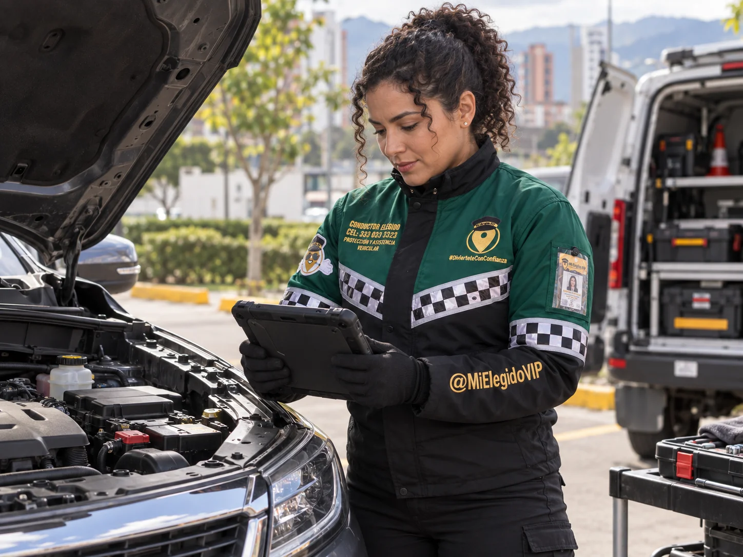 Técnico de carro taller Mi Elegido VIP revisando un vehículo con equipo de diagnóstico