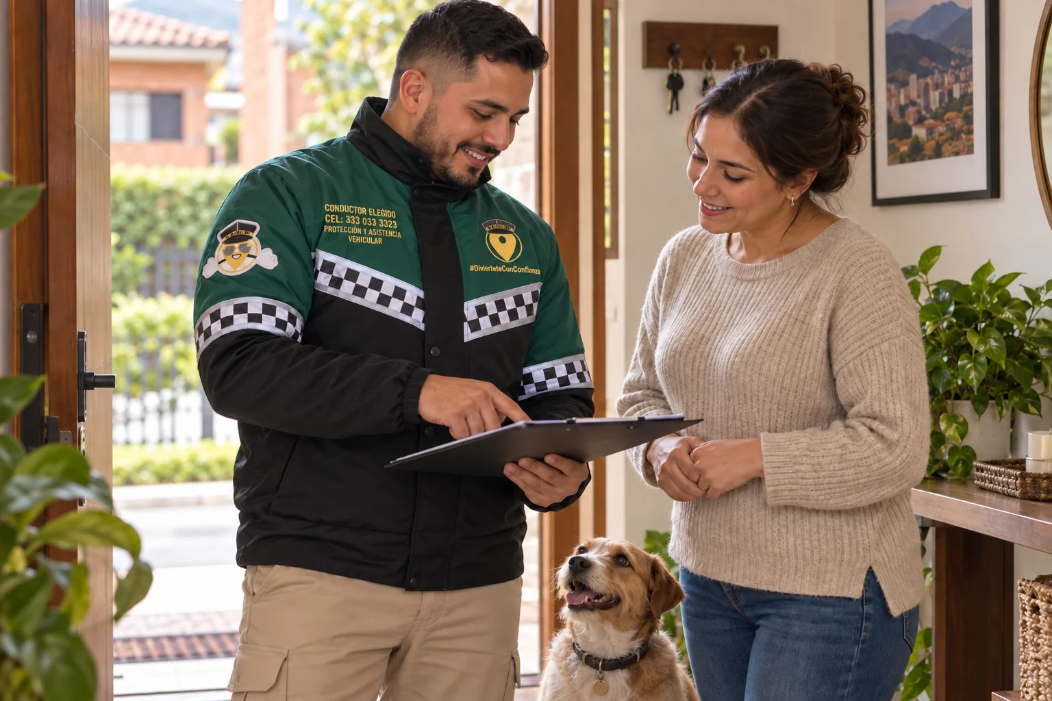 Profesional de Mi Elegido VIP con chaqueta de conductor elegido revisa una solicitud de asistencia para el hogar junto a una familia y su perro