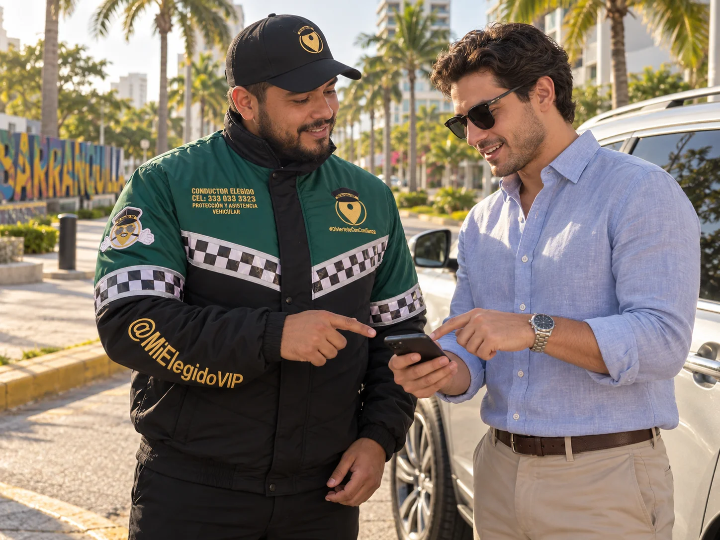 Profesional de conductor elegido de Mi Elegido VIP con uniforme corporativo revisando el recorrido con un cliente junto a su vehículo en Barranquilla