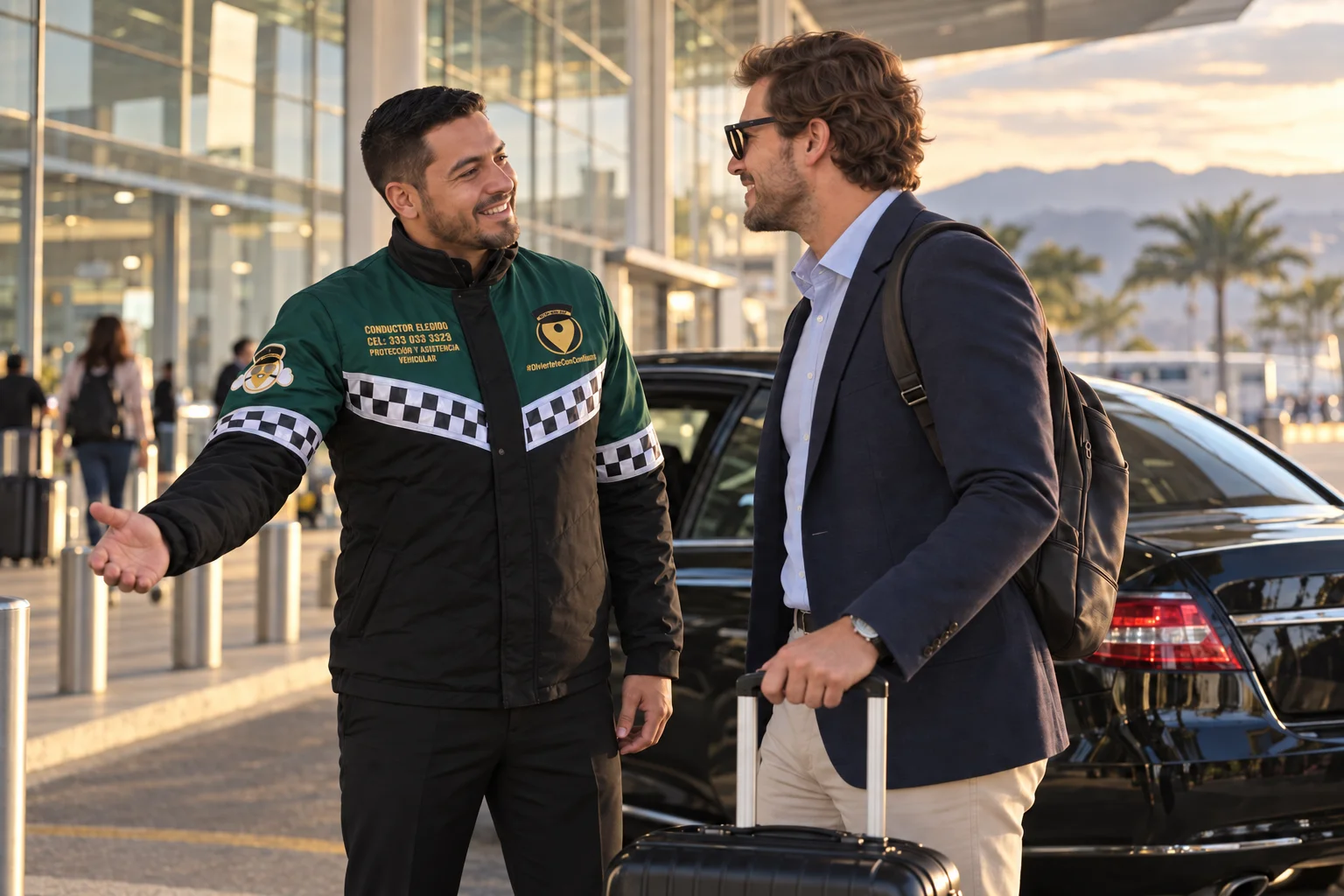 Conductor bilingüe de Mi Elegido VIP con chaqueta de conductor elegido da la bienvenida a un viajero en un aeropuerto