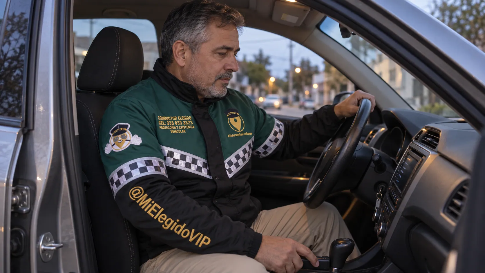 Escena de conductor elegido en Chile: profesional con chaqueta oficial revisando los controles de un auto estacionado