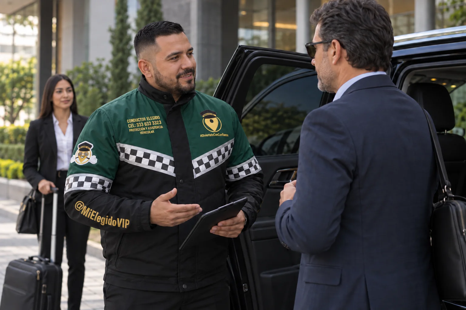 Conductor elegido de perfil escolta de Mi Elegido VIP, con chaqueta corporativa bordada, conversa con un ejecutivo junto a una camioneta estacionada