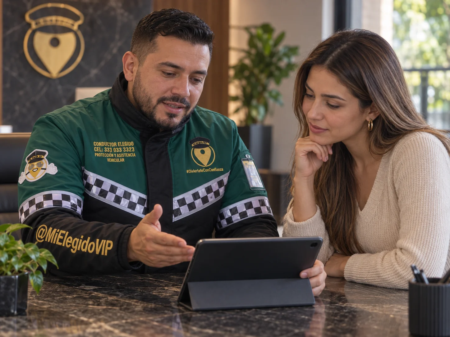 Asesor con uniforme de conductor elegido de Mi Elegido VIP revisando una cotización en una tablet junto a una clienta