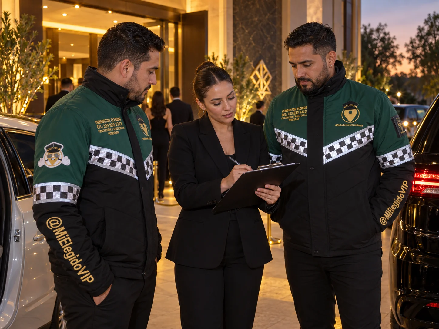 Coordinadora de eventos preparando con dos conductores elegidos de Mi Elegido VIP la salida de vehículos