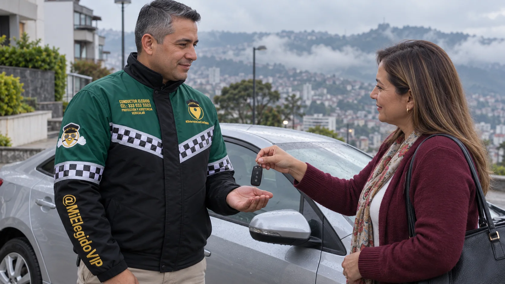 Profesional con uniforme de conductor elegido de Mi Elegido VIP recibiendo las llaves de una pasajera junto a un automóvil en un entorno urbano de montaña