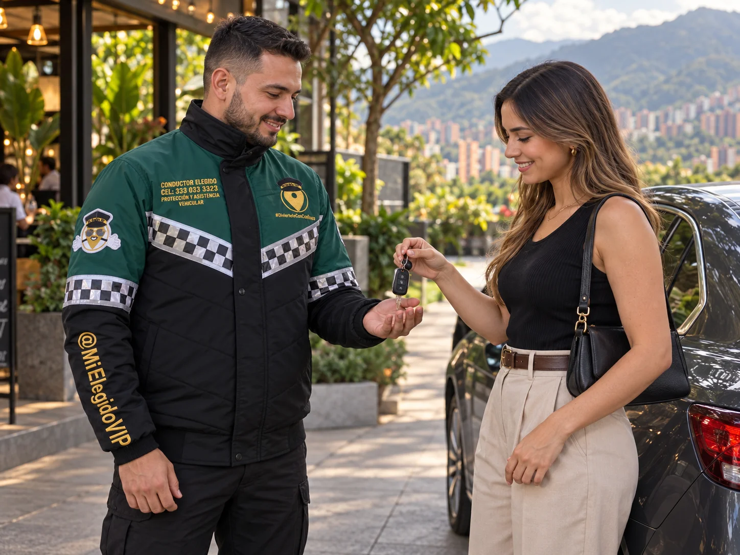 Conductor elegido con chaqueta oficial de Mi Elegido VIP recibiendo las llaves de una clienta junto a su carro en un entorno urbano de Medellín