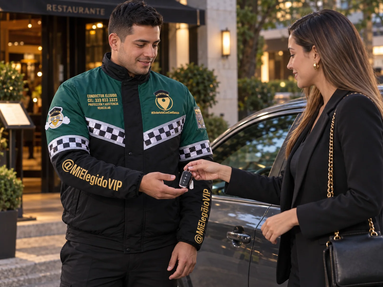 Conductor elegido con chaqueta verde botella y negra recibiendo las llaves del carro del cliente