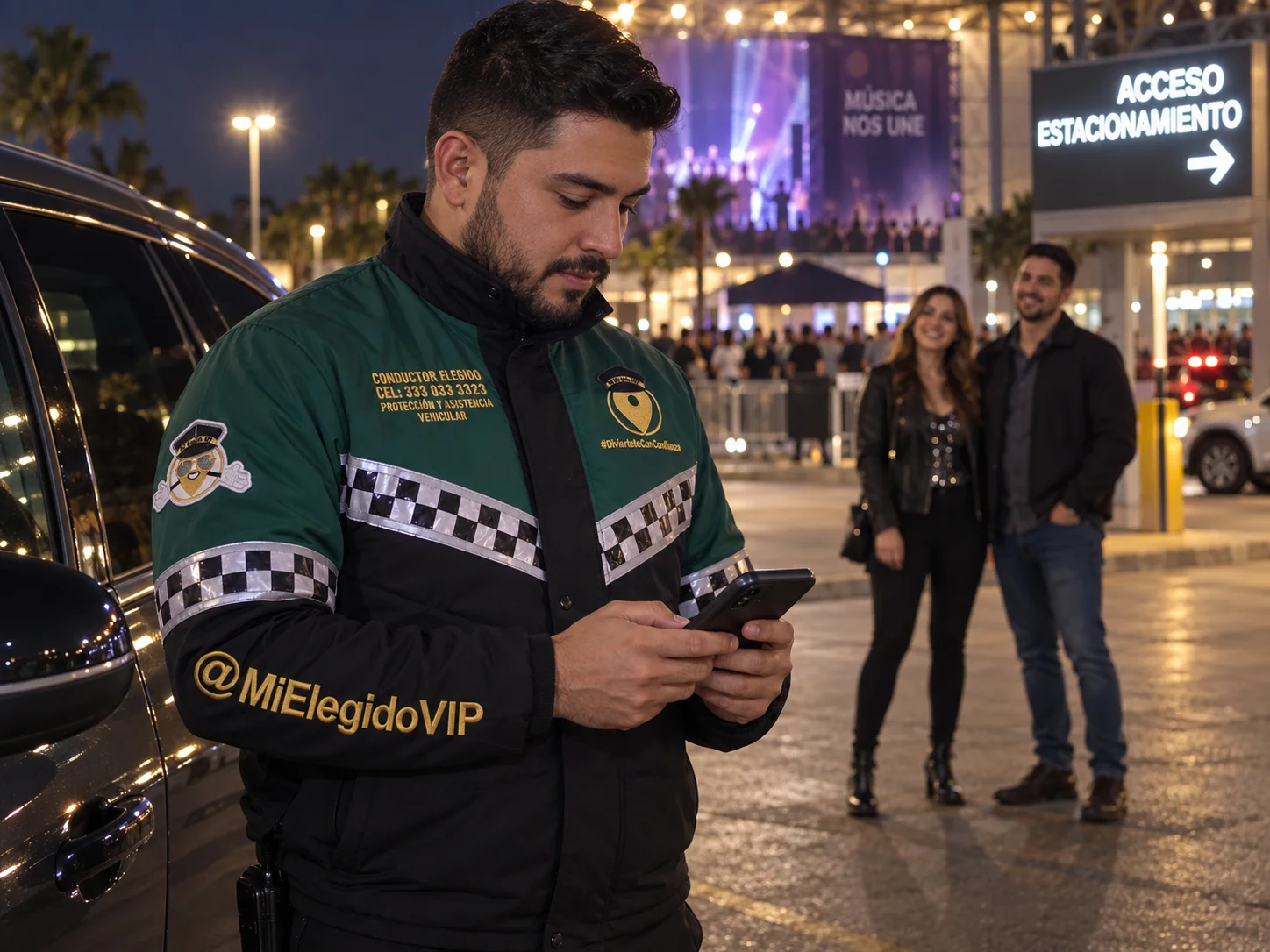 Conductor elegido de Mi Elegido VIP coordinando una reserva junto a un vehículo estacionado después de un evento en Bogotá