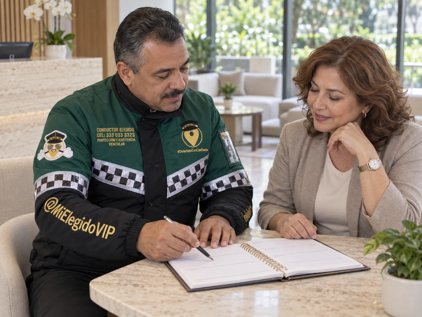Profesional de conductor elegido de Mi Elegido VIP organizando próximas reservas en una agenda con una clienta