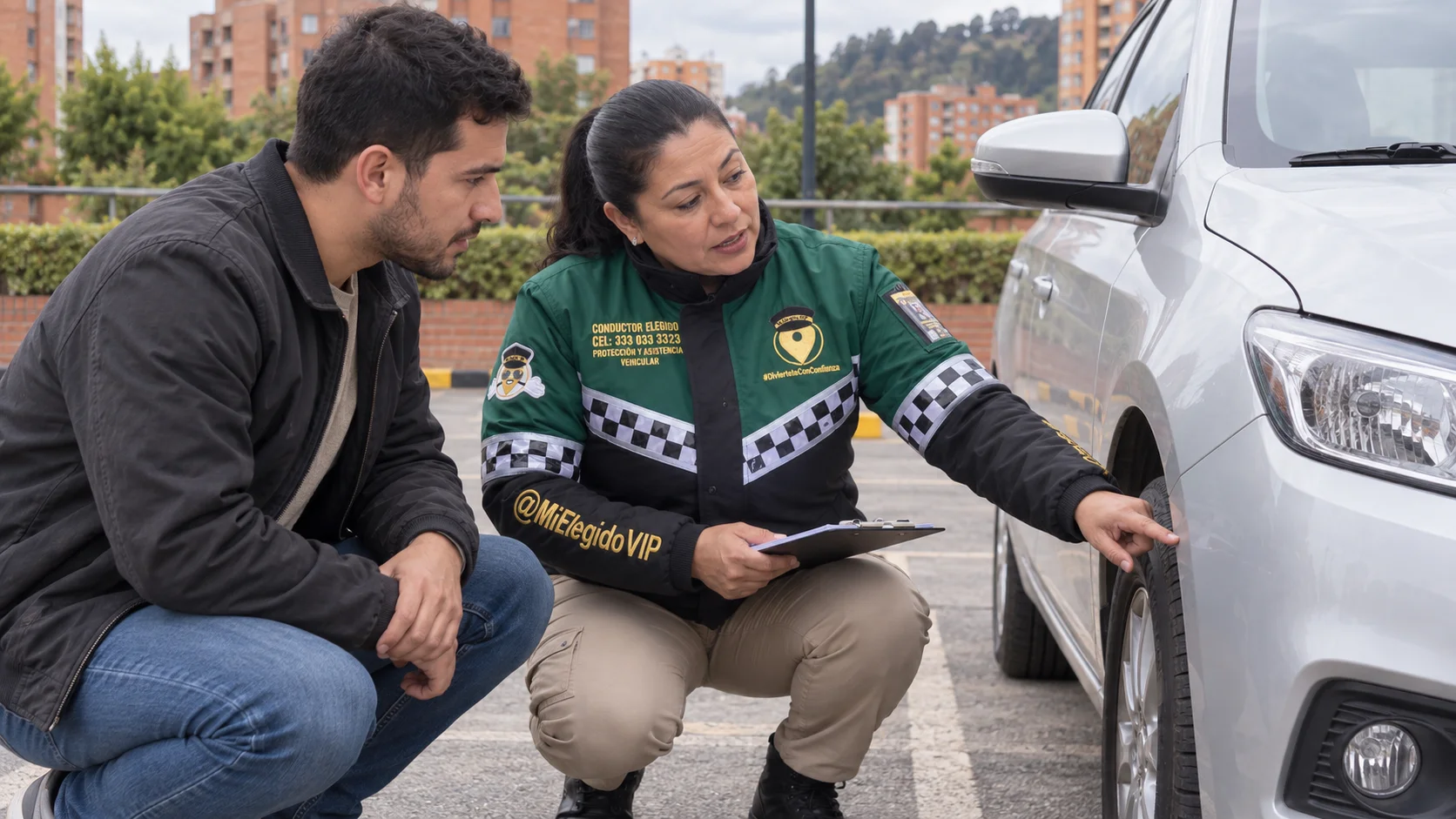 Instructora con chaqueta de conductor elegido de Mi Elegido VIP explicando a un aspirante la revisión de un carro en Bogotá
