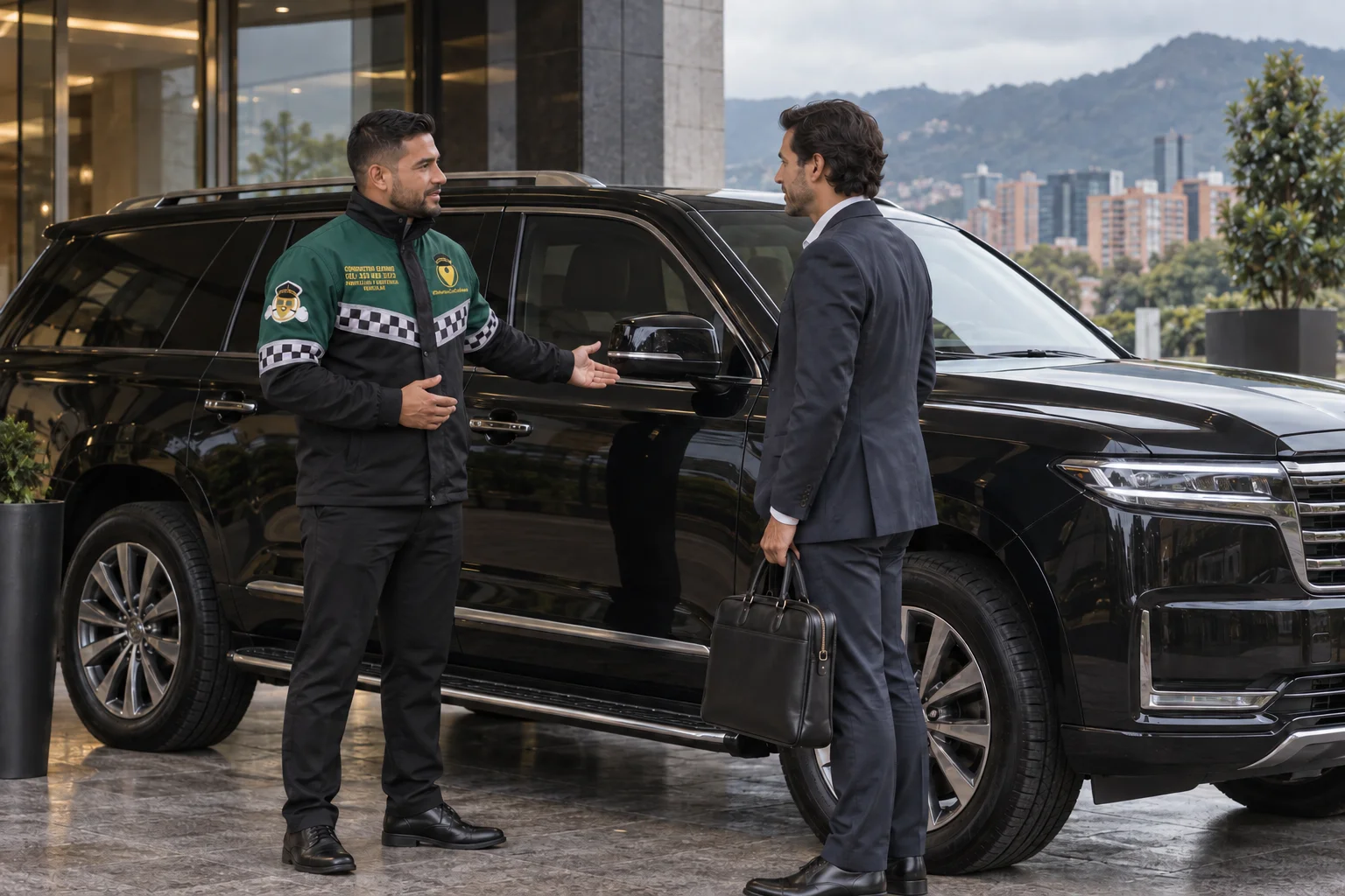 Conductor elegido de Mi Elegido VIP presenta un vehículo blindado ejecutivo para un traslado programado