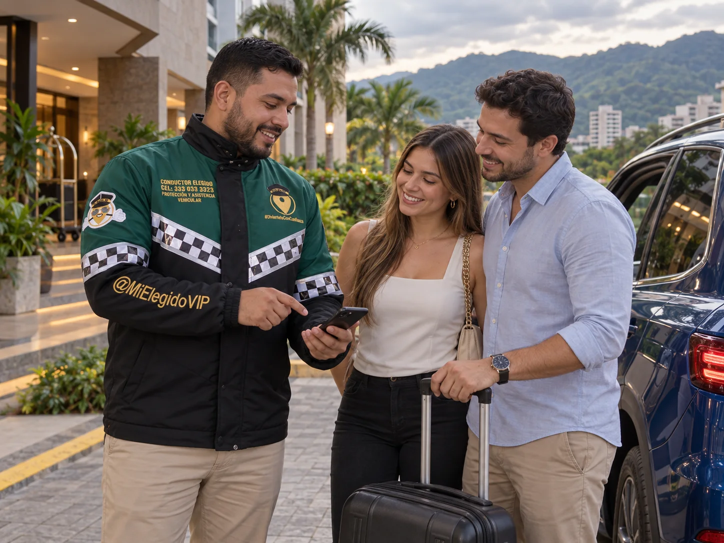 Conductor elegido de Mi Elegido VIP con chaqueta corporativa coordinando con una pareja la salida junto a su vehículo en Villavicencio