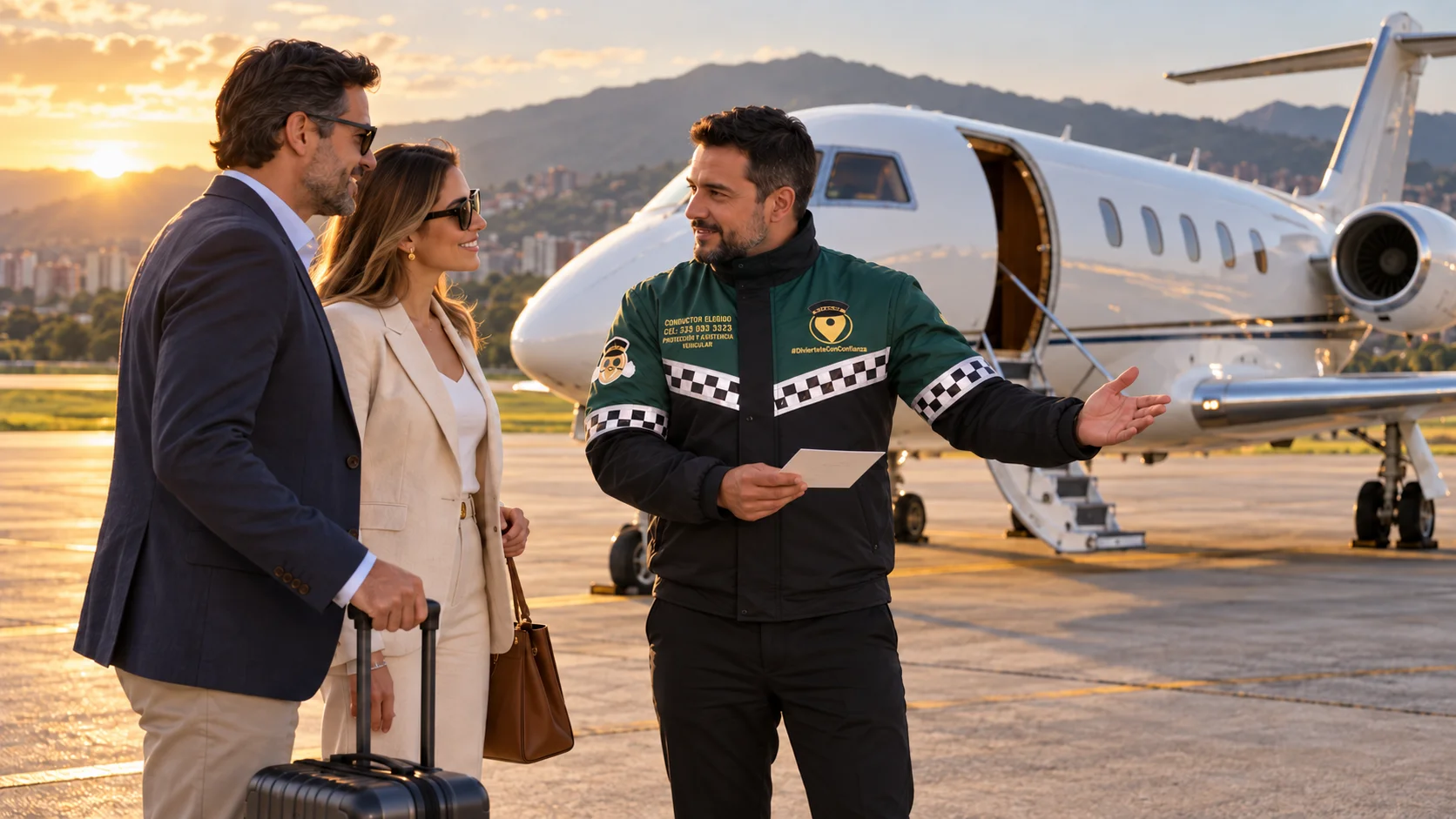 Conductor de Mi Elegido VIP con uniforme de conductor elegido recibe a viajeros junto a un avión chárter estacionado
